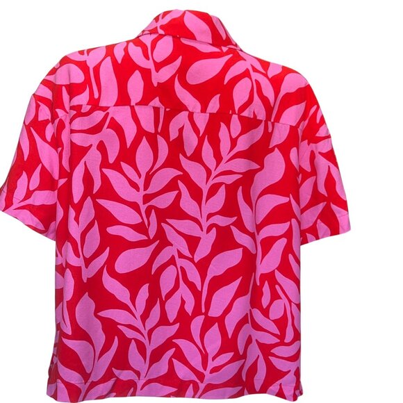 A New Day Red & Pink Leaf Print Button-Up Rayon Shirt Womens Size M - Picture 2 of 6
